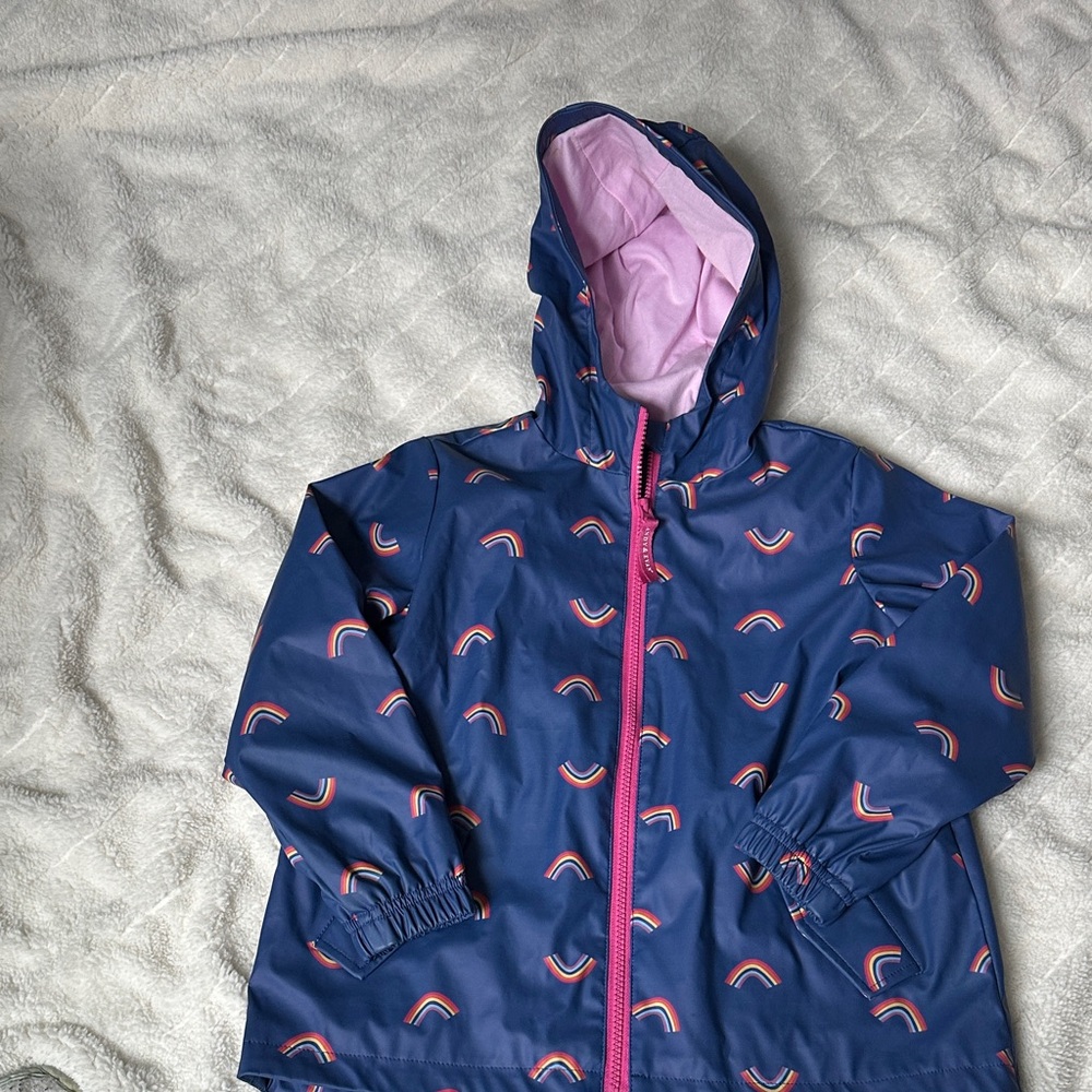 Andy & Evan Navy Rain Jacket with Pink Lining and Rainbow Print Sz 6x